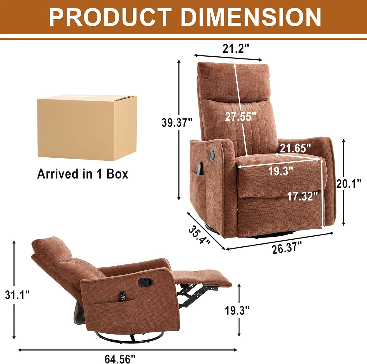 Manual 360° Swivel Rocker Recliner Chair for Adults, Overstuffed Glider Chair for Nursery with Vibration Massage and Heat, Comfy Soft Fabric Glider with Side Pockets for Living Room, Beige