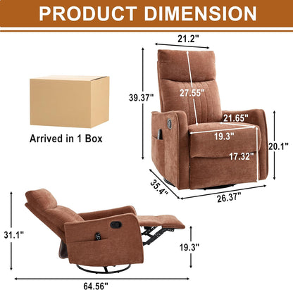 Manual 360° Swivel Rocker Recliner Chair for Adults, Overstuffed Glider Chair for Nursery with Vibration Massage and Heat, Comfy Soft Fabric Glider with Side Pockets for Living Room, Beige