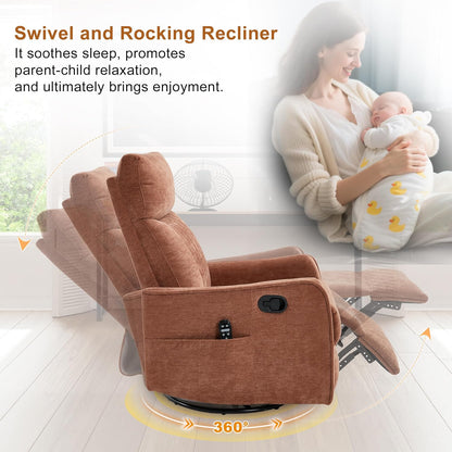 Manual 360° Swivel Rocker Recliner Chair for Adults, Overstuffed Glider Chair for Nursery with Vibration Massage and Heat, Comfy Soft Fabric Glider with Side Pockets for Living Room, Beige