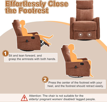 Manual 360° Swivel Rocker Recliner Chair for Adults, Overstuffed Glider Chair for Nursery with Vibration Massage and Heat, Comfy Soft Fabric Glider with Side Pockets for Living Room, Beige
