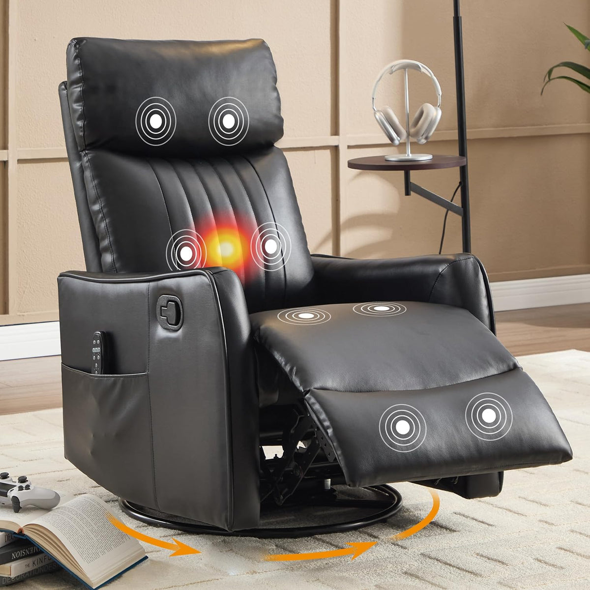 Manual 360° Swivel Rocker Recliner Chair for Adults, Overstuffed Glider Chair for Nursery with Vibration Massage and Heat, Comfy Soft Fabric Glider with Side Pockets for Living Room, Beige