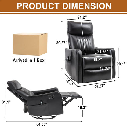 Manual 360° Swivel Rocker Recliner Chair for Adults, Overstuffed Glider Chair for Nursery with Vibration Massage and Heat, Comfy Soft Fabric Glider with Side Pockets for Living Room, Beige