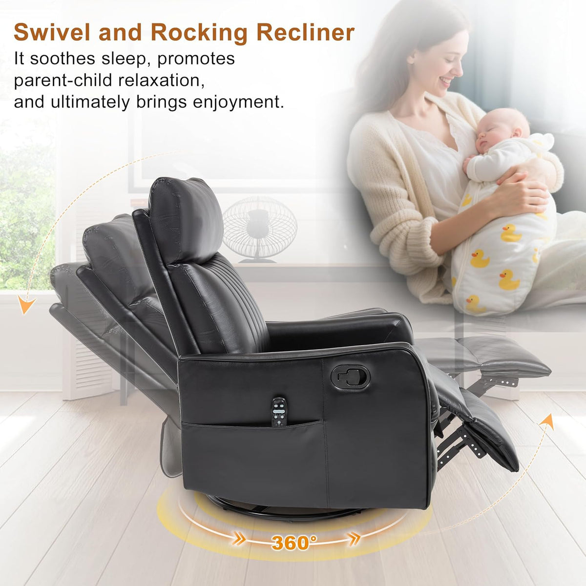 Manual 360° Swivel Rocker Recliner Chair for Adults, Overstuffed Glider Chair for Nursery with Vibration Massage and Heat, Comfy Soft Fabric Glider with Side Pockets for Living Room, Beige