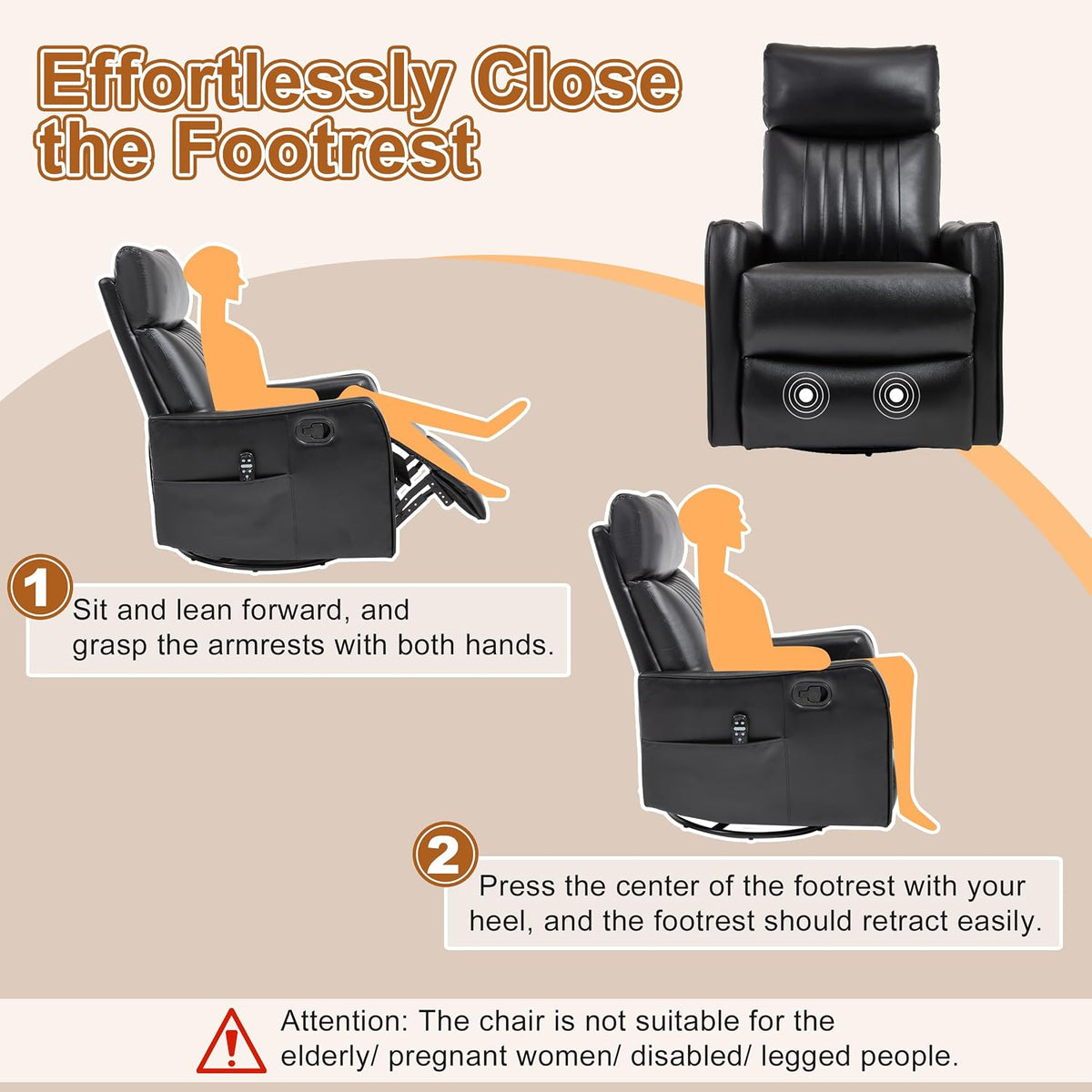 Manual 360° Swivel Rocker Recliner Chair for Adults, Overstuffed Glider Chair for Nursery with Vibration Massage and Heat, Comfy Soft Fabric Glider with Side Pockets for Living Room, Beige