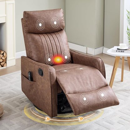 Manual 360° Swivel Rocker Recliner Chair for Adults, Overstuffed Glider Chair for Nursery with Vibration Massage and Heat, Comfy Soft Fabric Glider with Side Pockets for Living Room, Beige