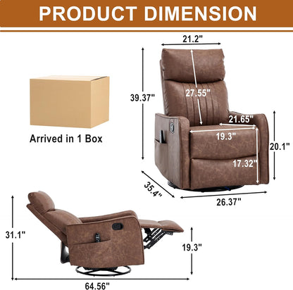 Manual 360° Swivel Rocker Recliner Chair for Adults, Overstuffed Glider Chair for Nursery with Vibration Massage and Heat, Comfy Soft Fabric Glider with Side Pockets for Living Room, Beige