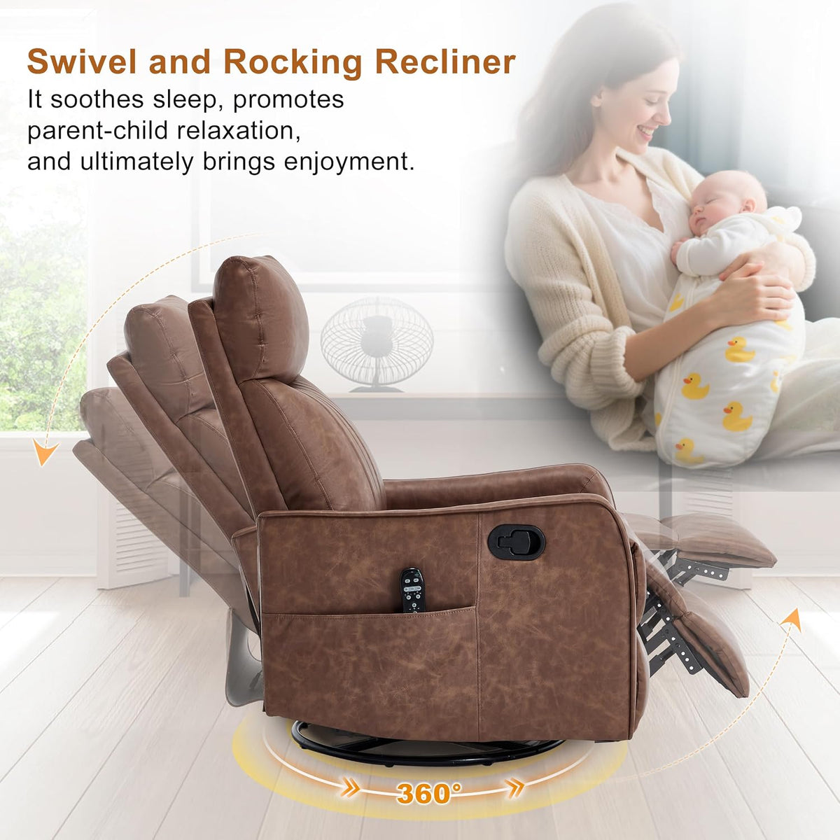Manual 360° Swivel Rocker Recliner Chair for Adults, Overstuffed Glider Chair for Nursery with Vibration Massage and Heat, Comfy Soft Fabric Glider with Side Pockets for Living Room, Beige