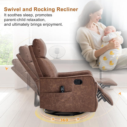 Manual 360° Swivel Rocker Recliner Chair for Adults, Overstuffed Glider Chair for Nursery with Vibration Massage and Heat, Comfy Soft Fabric Glider with Side Pockets for Living Room, Beige