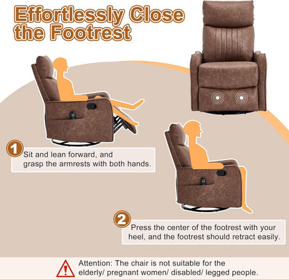 Manual 360° Swivel Rocker Recliner Chair for Adults, Overstuffed Glider Chair for Nursery with Vibration Massage and Heat, Comfy Soft Fabric Glider with Side Pockets for Living Room, Beige