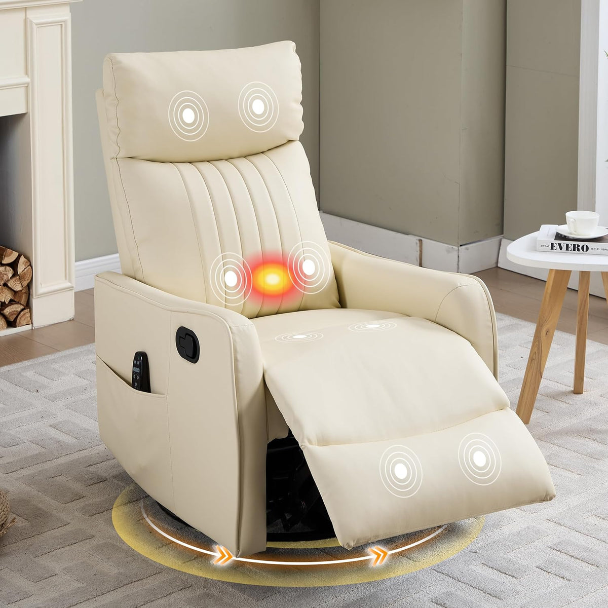 Manual 360° Swivel Rocker Recliner Chair for Adults, Overstuffed Glider Chair for Nursery with Vibration Massage and Heat, Comfy Soft Fabric Glider with Side Pockets for Living Room, Beige