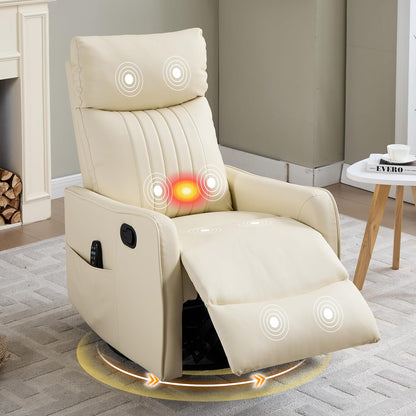 Manual 360° Swivel Rocker Recliner Chair for Adults, Overstuffed Glider Chair for Nursery with Vibration Massage and Heat, Comfy Soft Fabric Glider with Side Pockets for Living Room, Beige