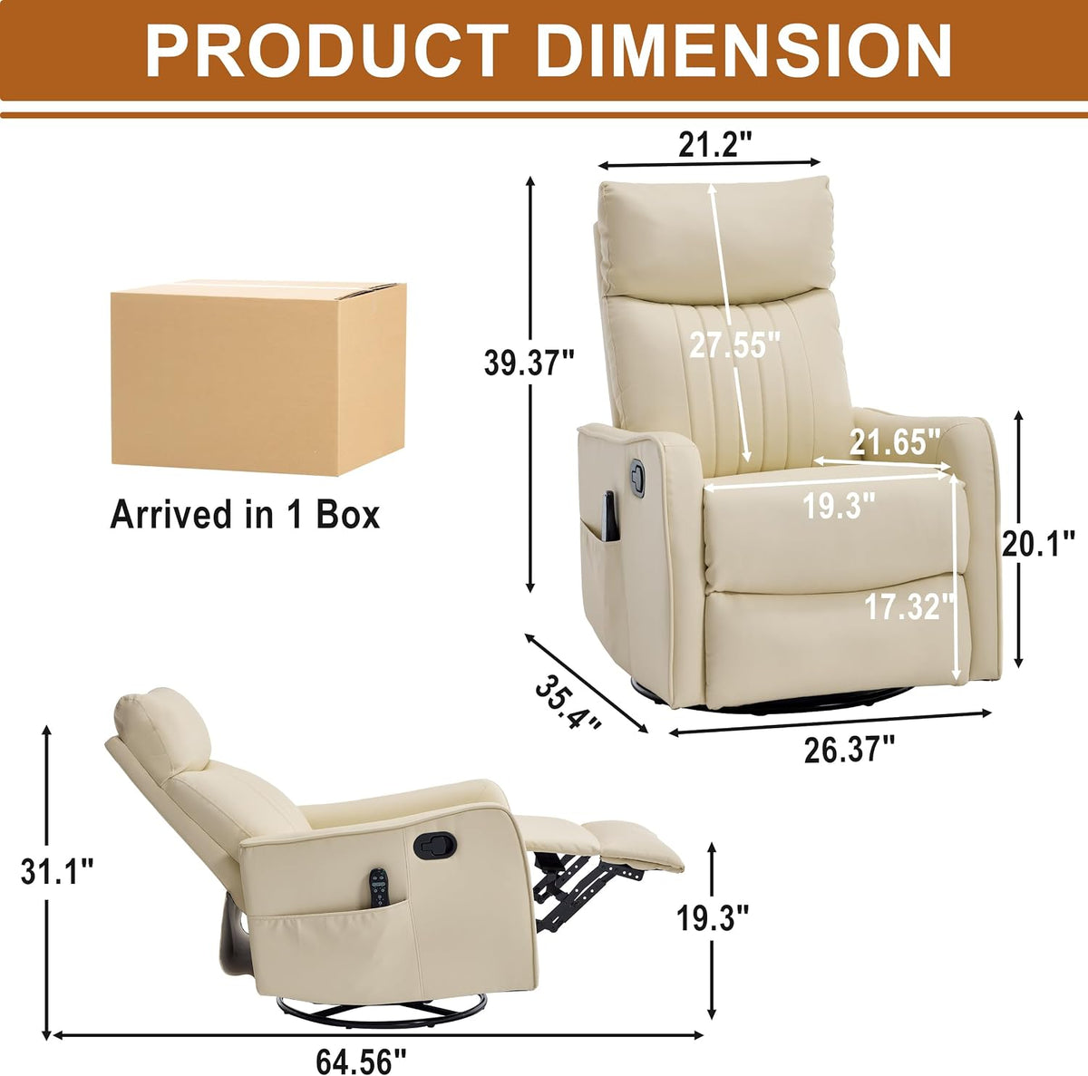 Manual 360° Swivel Rocker Recliner Chair for Adults, Overstuffed Glider Chair for Nursery with Vibration Massage and Heat, Comfy Soft Fabric Glider with Side Pockets for Living Room, Beige