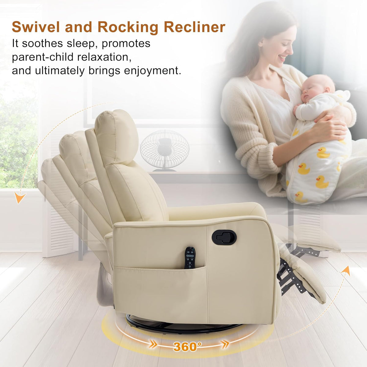 Manual 360° Swivel Rocker Recliner Chair for Adults, Overstuffed Glider Chair for Nursery with Vibration Massage and Heat, Comfy Soft Fabric Glider with Side Pockets for Living Room, Beige