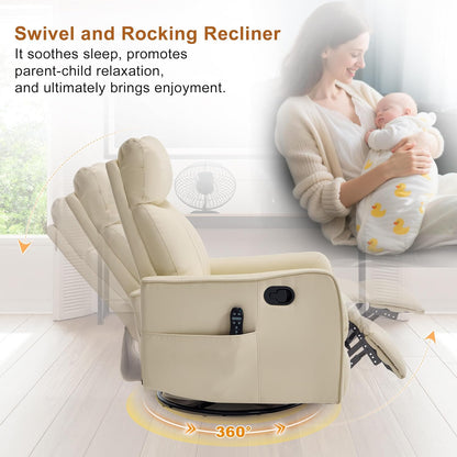 Manual 360° Swivel Rocker Recliner Chair for Adults, Overstuffed Glider Chair for Nursery with Vibration Massage and Heat, Comfy Soft Fabric Glider with Side Pockets for Living Room, Beige