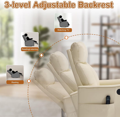 Manual 360° Swivel Rocker Recliner Chair for Adults, Overstuffed Glider Chair for Nursery with Vibration Massage and Heat, Comfy Soft Fabric Glider with Side Pockets for Living Room, Beige