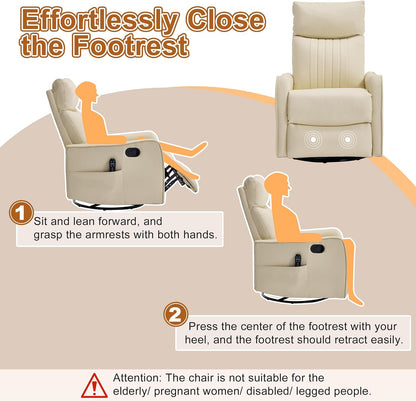 Manual 360° Swivel Rocker Recliner Chair for Adults, Overstuffed Glider Chair for Nursery with Vibration Massage and Heat, Comfy Soft Fabric Glider with Side Pockets for Living Room, Beige