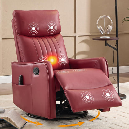 Manual 360° Swivel Rocker Recliner Chair for Adults, Overstuffed Glider Chair for Nursery with Vibration Massage and Heat, Comfy Soft Fabric Glider with Side Pockets for Living Room, Beige