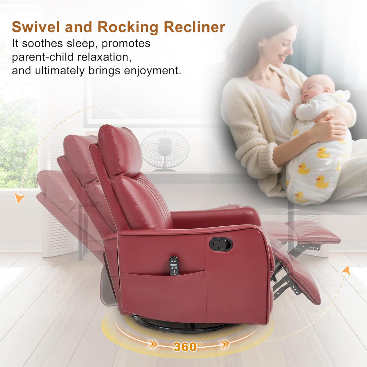 Manual 360° Swivel Rocker Recliner Chair for Adults, Overstuffed Glider Chair for Nursery with Vibration Massage and Heat, Comfy Soft Fabric Glider with Side Pockets for Living Room, Beige