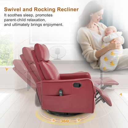 Manual 360° Swivel Rocker Recliner Chair for Adults, Overstuffed Glider Chair for Nursery with Vibration Massage and Heat, Comfy Soft Fabric Glider with Side Pockets for Living Room, Beige