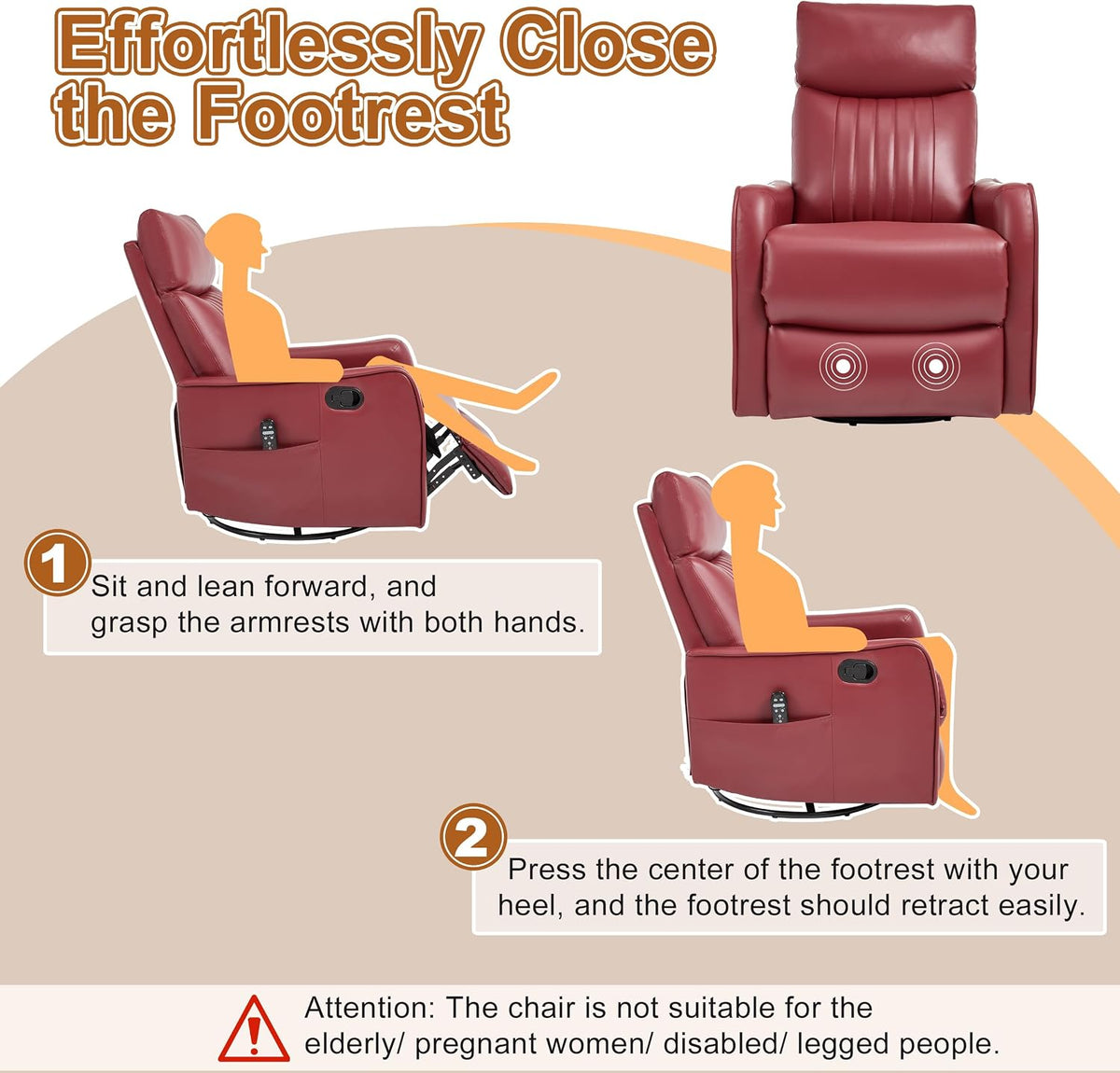 Manual 360° Swivel Rocker Recliner Chair for Adults, Overstuffed Glider Chair for Nursery with Vibration Massage and Heat, Comfy Soft Fabric Glider with Side Pockets for Living Room, Beige