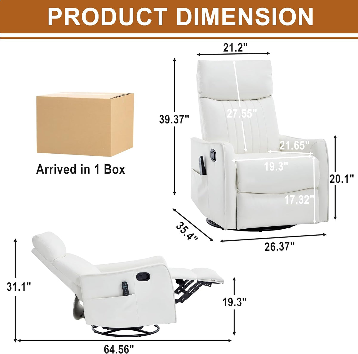 Manual 360° Swivel Rocker Recliner Chair for Adults, Overstuffed Glider Chair for Nursery with Vibration Massage and Heat, Comfy Soft Fabric Glider with Side Pockets for Living Room, Beige
