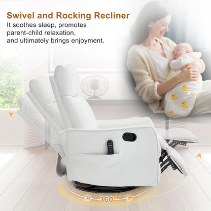 Manual 360° Swivel Rocker Recliner Chair for Adults, Overstuffed Glider Chair for Nursery with Vibration Massage and Heat, Comfy Soft Fabric Glider with Side Pockets for Living Room, Beige