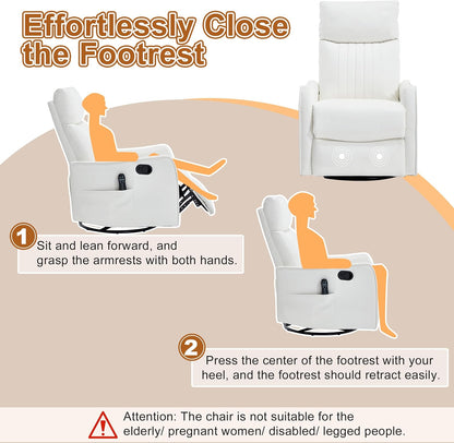Manual 360° Swivel Rocker Recliner Chair for Adults, Overstuffed Glider Chair for Nursery with Vibration Massage and Heat, Comfy Soft Fabric Glider with Side Pockets for Living Room, Beige