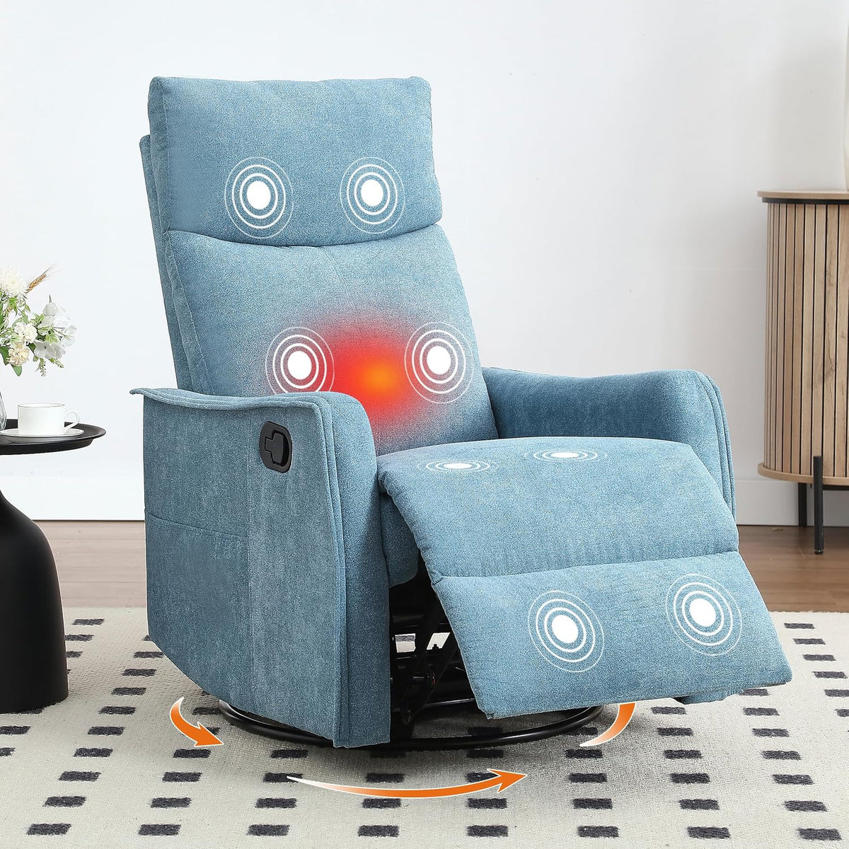 Manual 360° Swivel Rocker Recliner Chair for Adults, Overstuffed Glider Chair for Nursery with Vibration Massage and Heat, Comfy Soft Fabric Glider with Side Pockets for Living Room, Beige