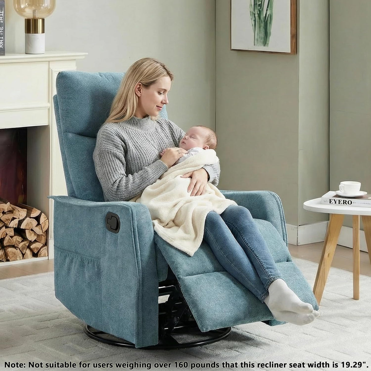 Manual 360° Swivel Rocker Recliner Chair for Adults, Overstuffed Glider Chair for Nursery with Vibration Massage and Heat, Comfy Soft Fabric Glider with Side Pockets for Living Room, Beige