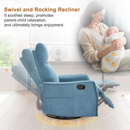 Manual 360° Swivel Rocker Recliner Chair for Adults, Overstuffed Glider Chair for Nursery with Vibration Massage and Heat, Comfy Soft Fabric Glider with Side Pockets for Living Room, Beige