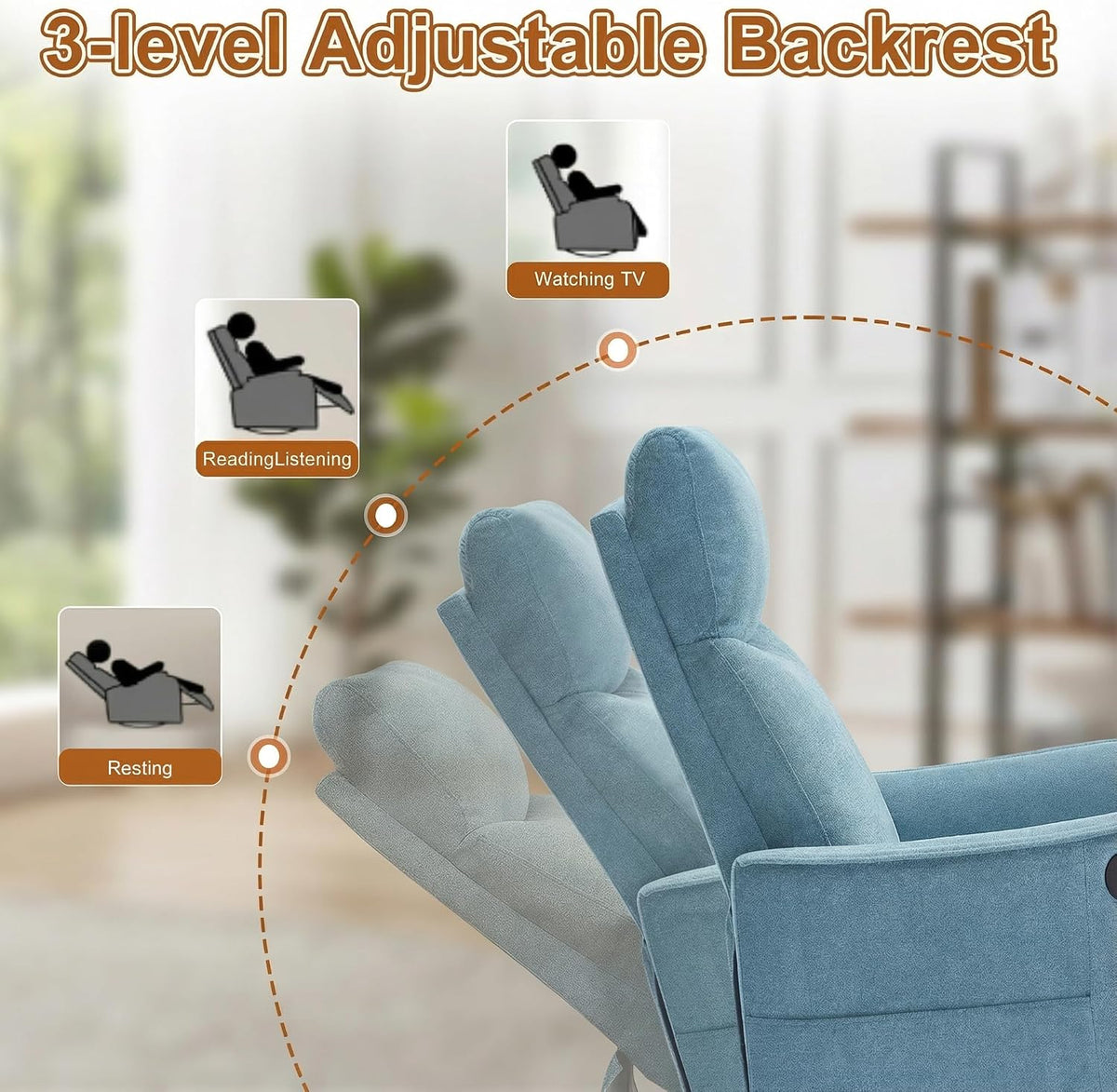Manual 360° Swivel Rocker Recliner Chair for Adults, Overstuffed Glider Chair for Nursery with Vibration Massage and Heat, Comfy Soft Fabric Glider with Side Pockets for Living Room, Beige