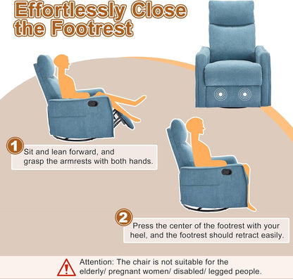Manual 360° Swivel Rocker Recliner Chair for Adults, Overstuffed Glider Chair for Nursery with Vibration Massage and Heat, Comfy Soft Fabric Glider with Side Pockets for Living Room, Beige