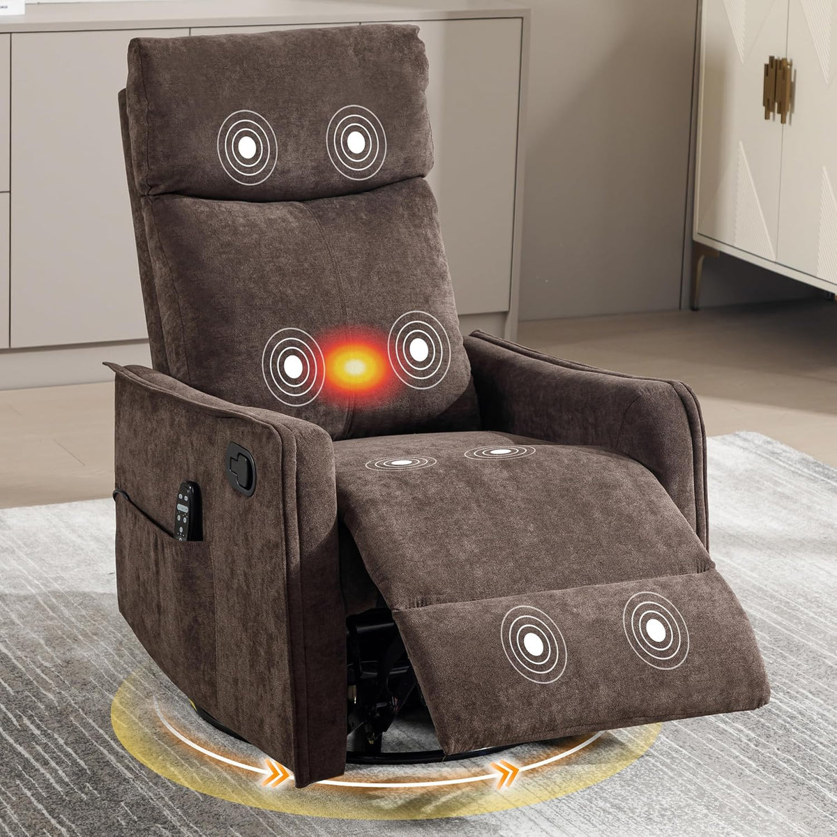 Manual 360° Swivel Rocker Recliner Chair for Adults, Overstuffed Glider Chair for Nursery with Vibration Massage and Heat, Comfy Soft Fabric Glider with Side Pockets for Living Room, Beige
