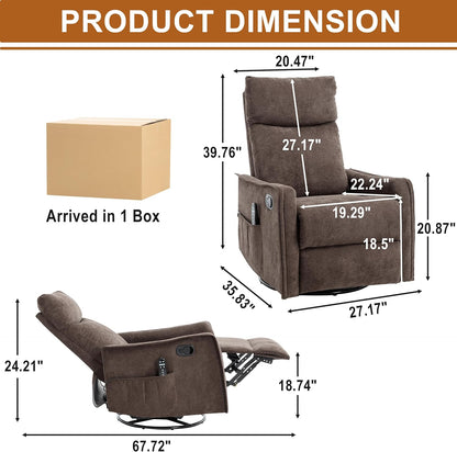Manual 360° Swivel Rocker Recliner Chair for Adults, Overstuffed Glider Chair for Nursery with Vibration Massage and Heat, Comfy Soft Fabric Glider with Side Pockets for Living Room, Beige