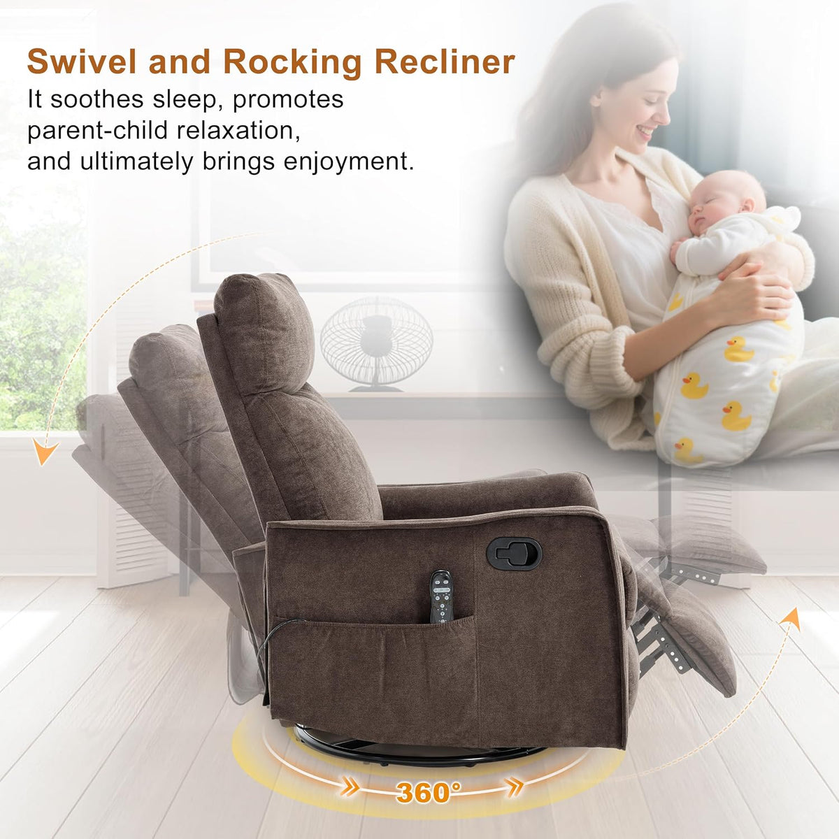 Manual 360° Swivel Rocker Recliner Chair for Adults, Overstuffed Glider Chair for Nursery with Vibration Massage and Heat, Comfy Soft Fabric Glider with Side Pockets for Living Room, Beige