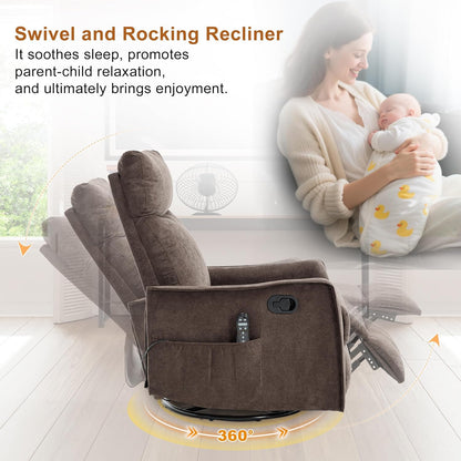Manual 360° Swivel Rocker Recliner Chair for Adults, Overstuffed Glider Chair for Nursery with Vibration Massage and Heat, Comfy Soft Fabric Glider with Side Pockets for Living Room, Beige