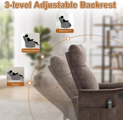 Manual 360° Swivel Rocker Recliner Chair for Adults, Overstuffed Glider Chair for Nursery with Vibration Massage and Heat, Comfy Soft Fabric Glider with Side Pockets for Living Room, Beige