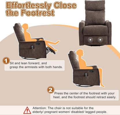 Manual 360° Swivel Rocker Recliner Chair for Adults, Overstuffed Glider Chair for Nursery with Vibration Massage and Heat, Comfy Soft Fabric Glider with Side Pockets for Living Room, Beige