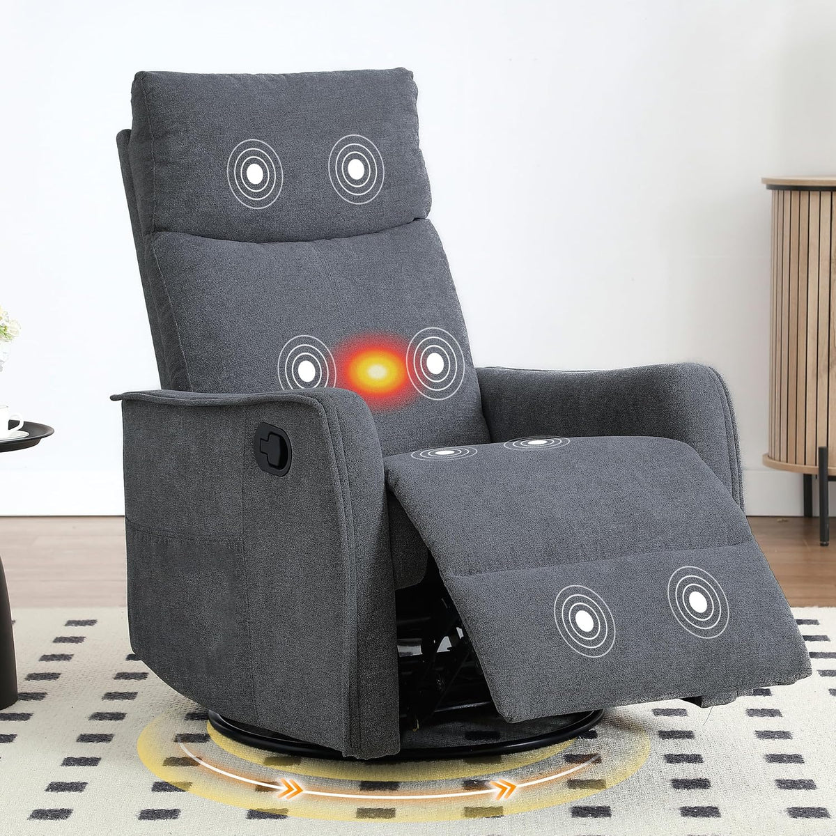 Manual 360° Swivel Rocker Recliner Chair for Adults, Overstuffed Glider Chair for Nursery with Vibration Massage and Heat, Comfy Soft Fabric Glider with Side Pockets for Living Room, Beige