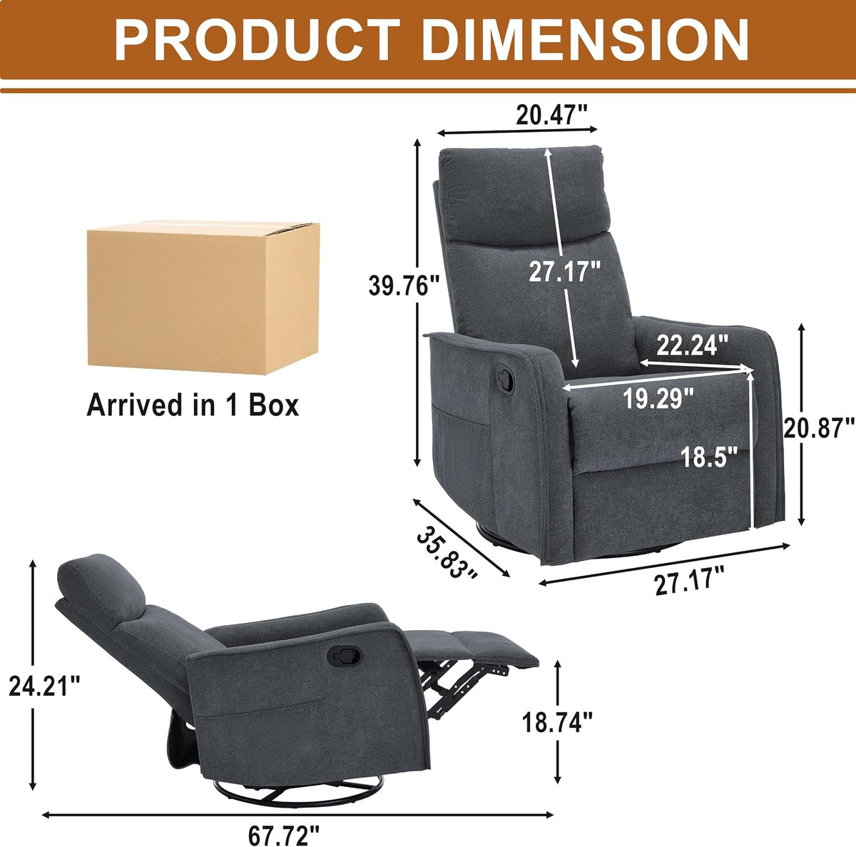Manual 360° Swivel Rocker Recliner Chair for Adults, Overstuffed Glider Chair for Nursery with Vibration Massage and Heat, Comfy Soft Fabric Glider with Side Pockets for Living Room, Beige