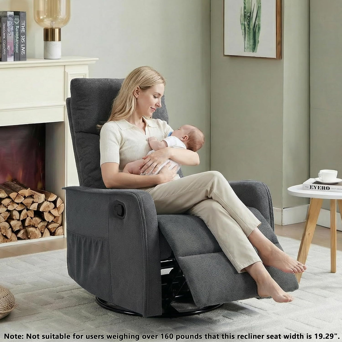 Manual 360° Swivel Rocker Recliner Chair for Adults, Overstuffed Glider Chair for Nursery with Vibration Massage and Heat, Comfy Soft Fabric Glider with Side Pockets for Living Room, Beige