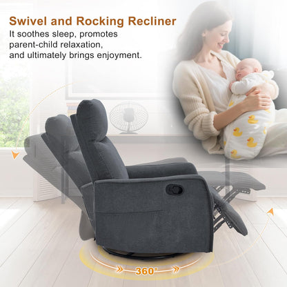 Manual 360° Swivel Rocker Recliner Chair for Adults, Overstuffed Glider Chair for Nursery with Vibration Massage and Heat, Comfy Soft Fabric Glider with Side Pockets for Living Room, Beige