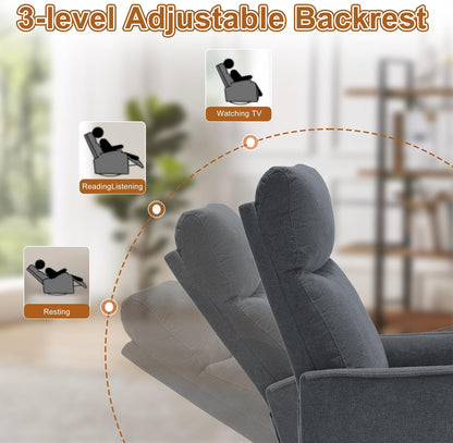 Manual 360° Swivel Rocker Recliner Chair for Adults, Overstuffed Glider Chair for Nursery with Vibration Massage and Heat, Comfy Soft Fabric Glider with Side Pockets for Living Room, Beige