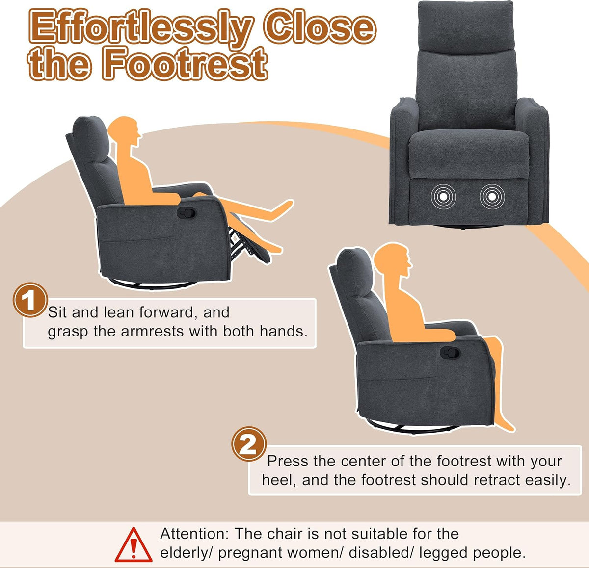 Manual 360° Swivel Rocker Recliner Chair for Adults, Overstuffed Glider Chair for Nursery with Vibration Massage and Heat, Comfy Soft Fabric Glider with Side Pockets for Living Room, Beige