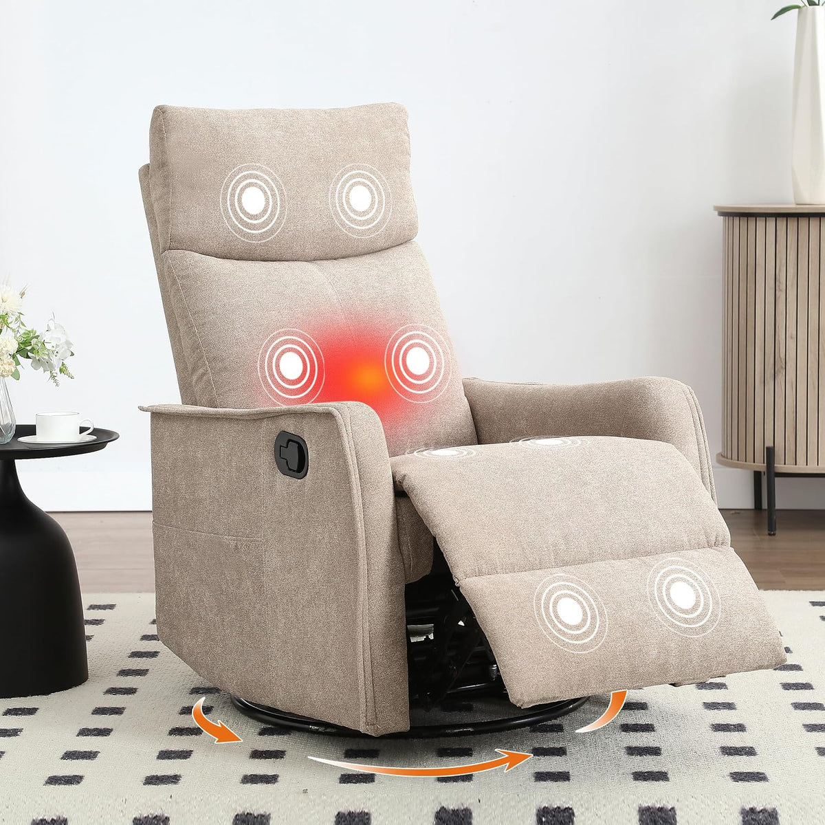 Manual 360° Swivel Rocker Recliner Chair for Adults, Overstuffed Glider Chair for Nursery with Vibration Massage and Heat, Comfy Soft Fabric Glider with Side Pockets for Living Room, Beige