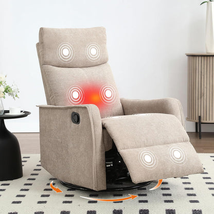Manual 360° Swivel Rocker Recliner Chair for Adults, Overstuffed Glider Chair for Nursery with Vibration Massage and Heat, Comfy Soft Fabric Glider with Side Pockets for Living Room, Beige
