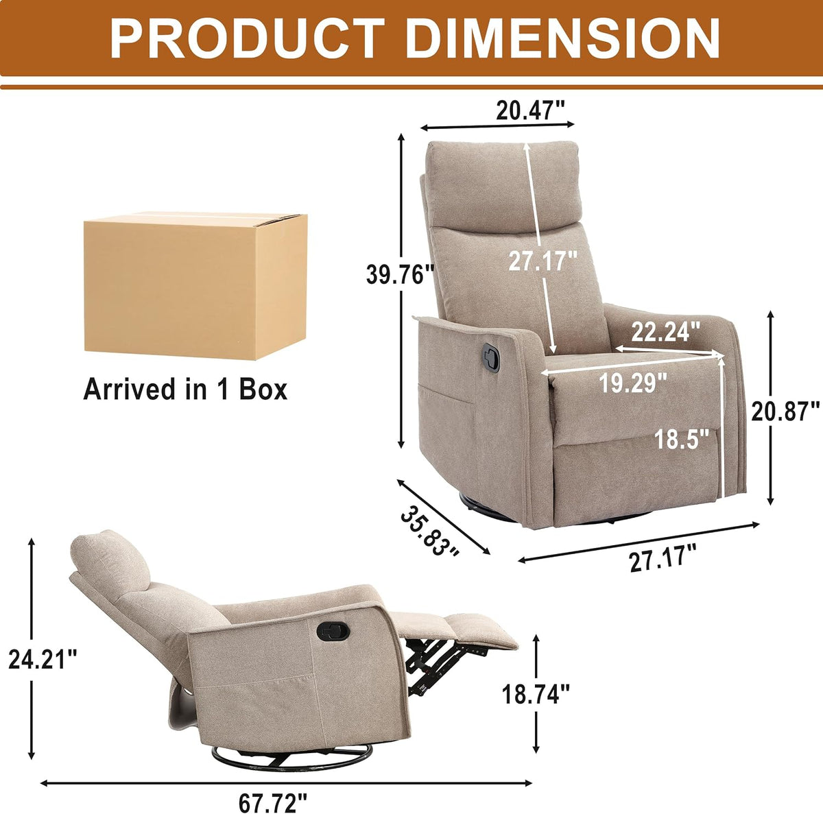 Manual 360° Swivel Rocker Recliner Chair for Adults, Overstuffed Glider Chair for Nursery with Vibration Massage and Heat, Comfy Soft Fabric Glider with Side Pockets for Living Room, Beige