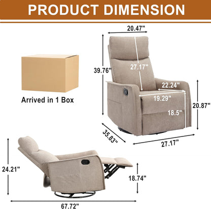Manual 360° Swivel Rocker Recliner Chair for Adults, Overstuffed Glider Chair for Nursery with Vibration Massage and Heat, Comfy Soft Fabric Glider with Side Pockets for Living Room, Beige