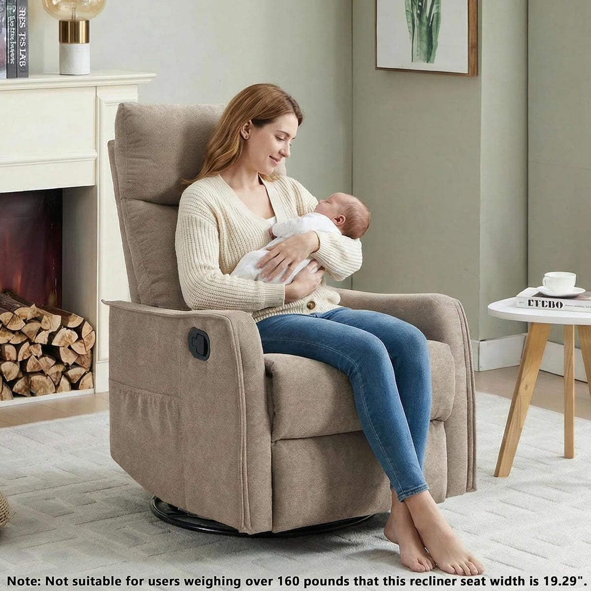 Manual 360° Swivel Rocker Recliner Chair for Adults, Overstuffed Glider Chair for Nursery with Vibration Massage and Heat, Comfy Soft Fabric Glider with Side Pockets for Living Room, Beige