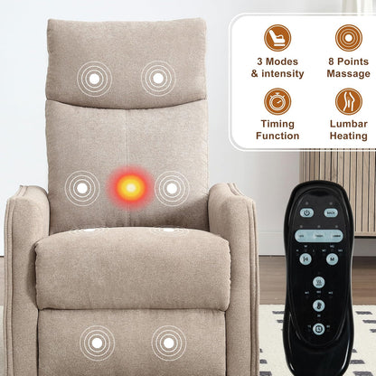 Manual 360° Swivel Rocker Recliner Chair for Adults, Overstuffed Glider Chair for Nursery with Vibration Massage and Heat, Comfy Soft Fabric Glider with Side Pockets for Living Room, Beige